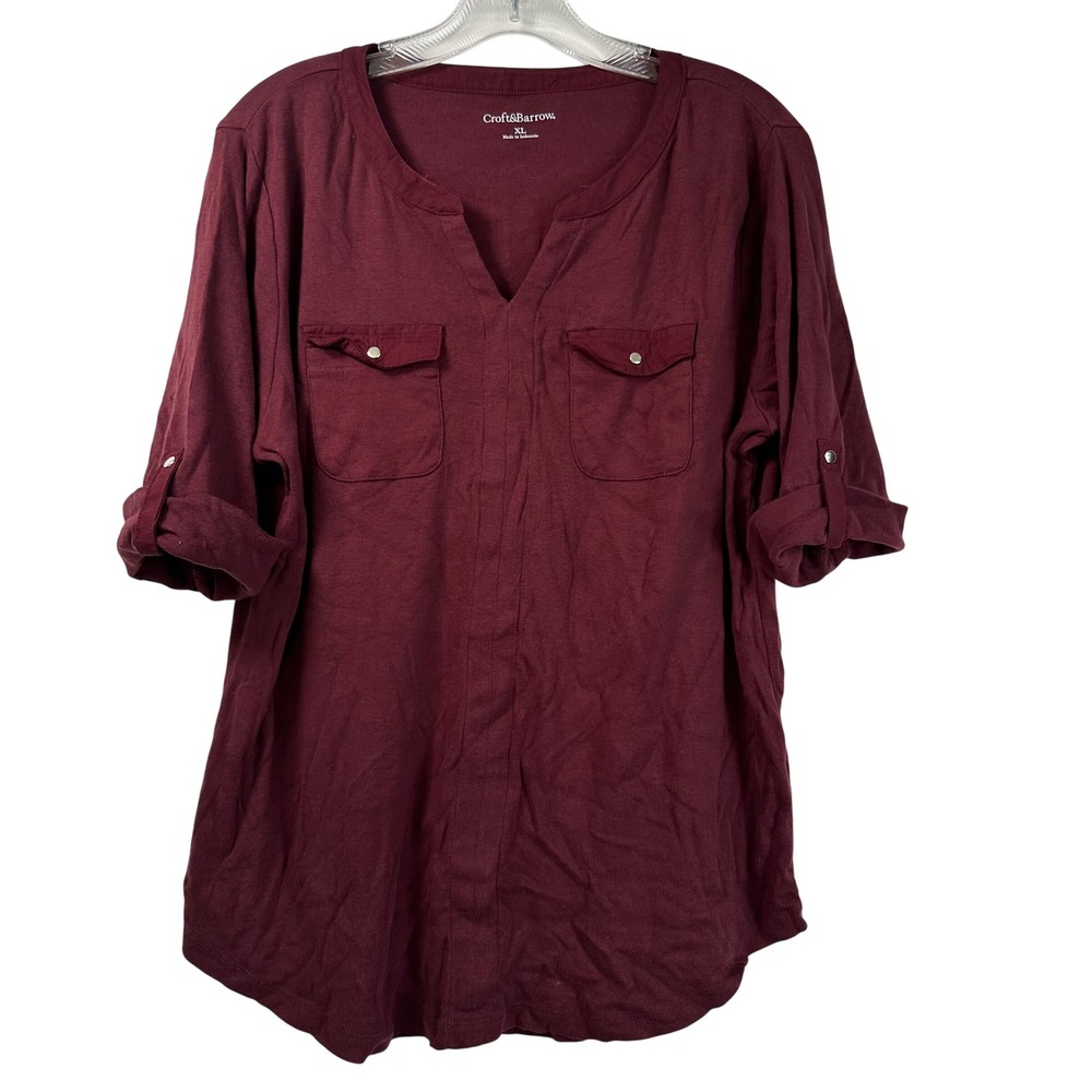 Croft & Barrow Womens XL Burgundy Cotton Roll Tab Sleeve V-Neck Top Pocket Shirt